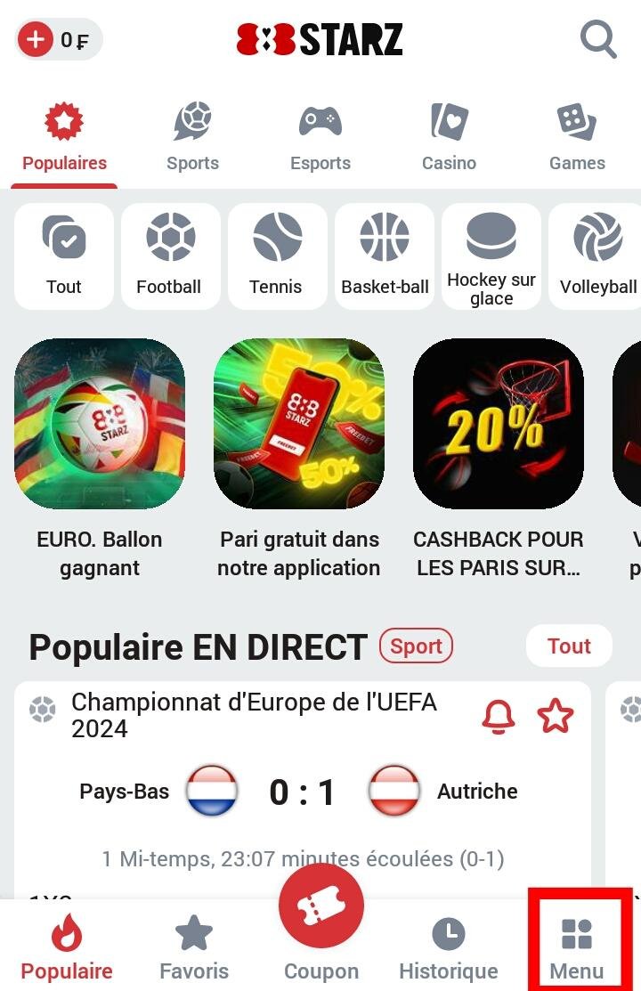 Menu de l'application 888starz
