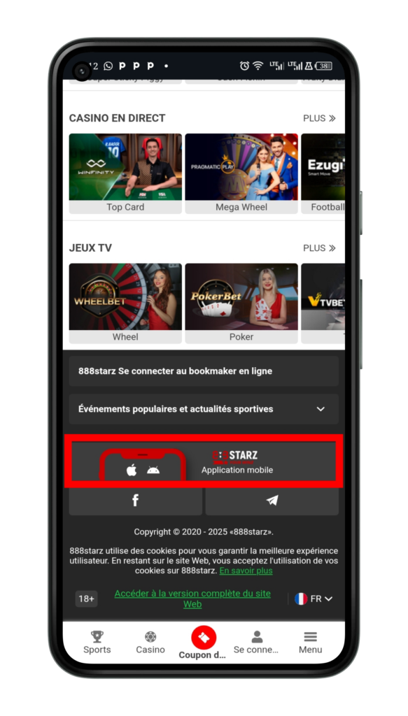 Cliquez sur la fonction ''l'application '' de 888starz