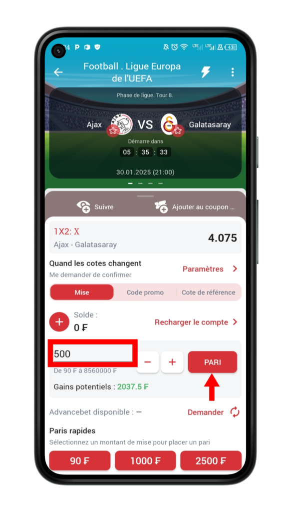 Confirmer le pari que vous avez choisi