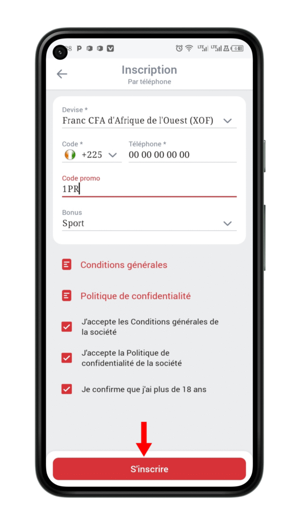 Confirmer l'inscription 888starz