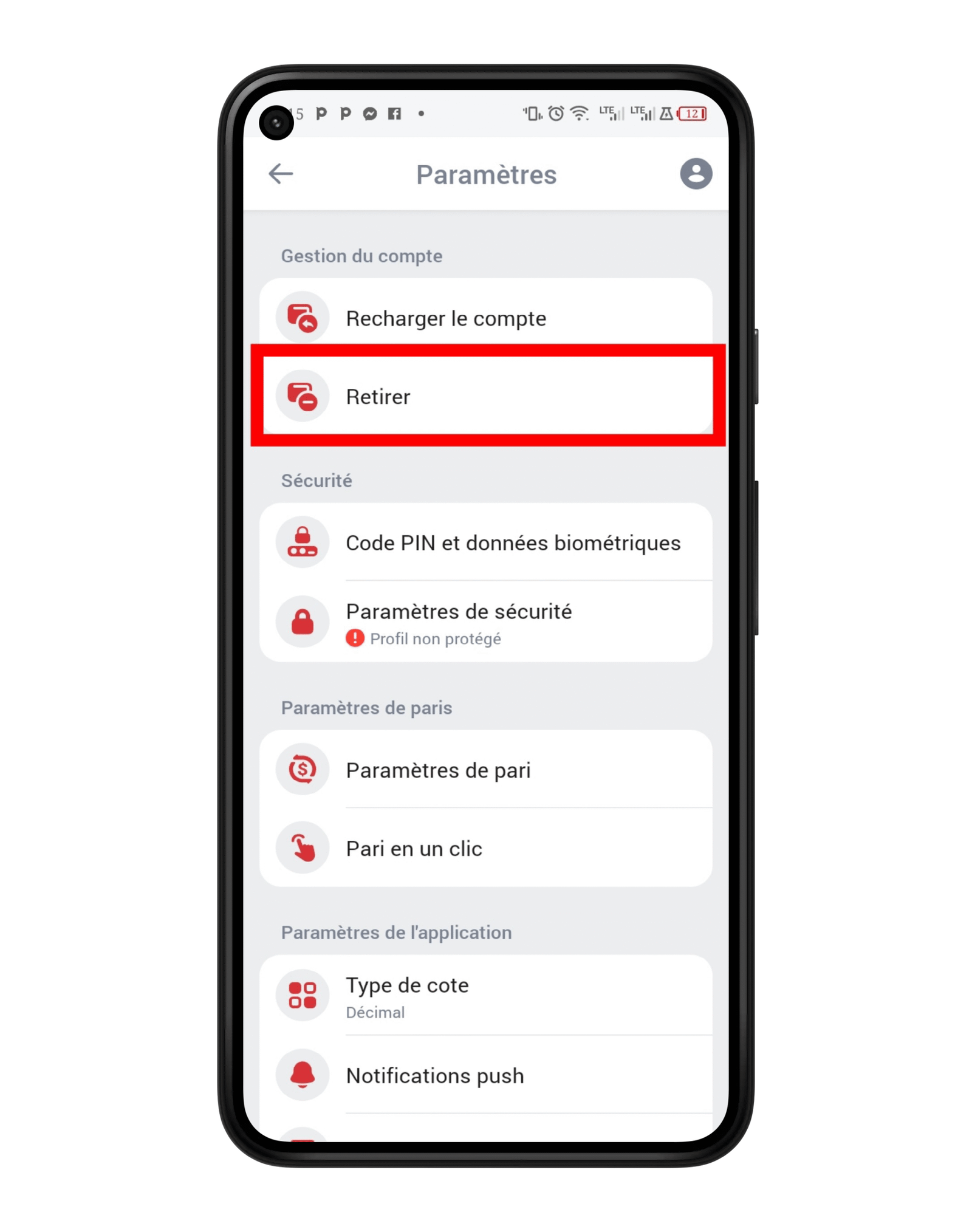 Cliquez sur retirer le fonds de compte