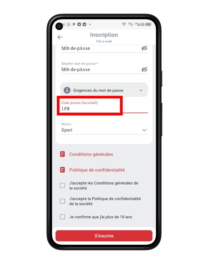 Entrer le code promo 1PR